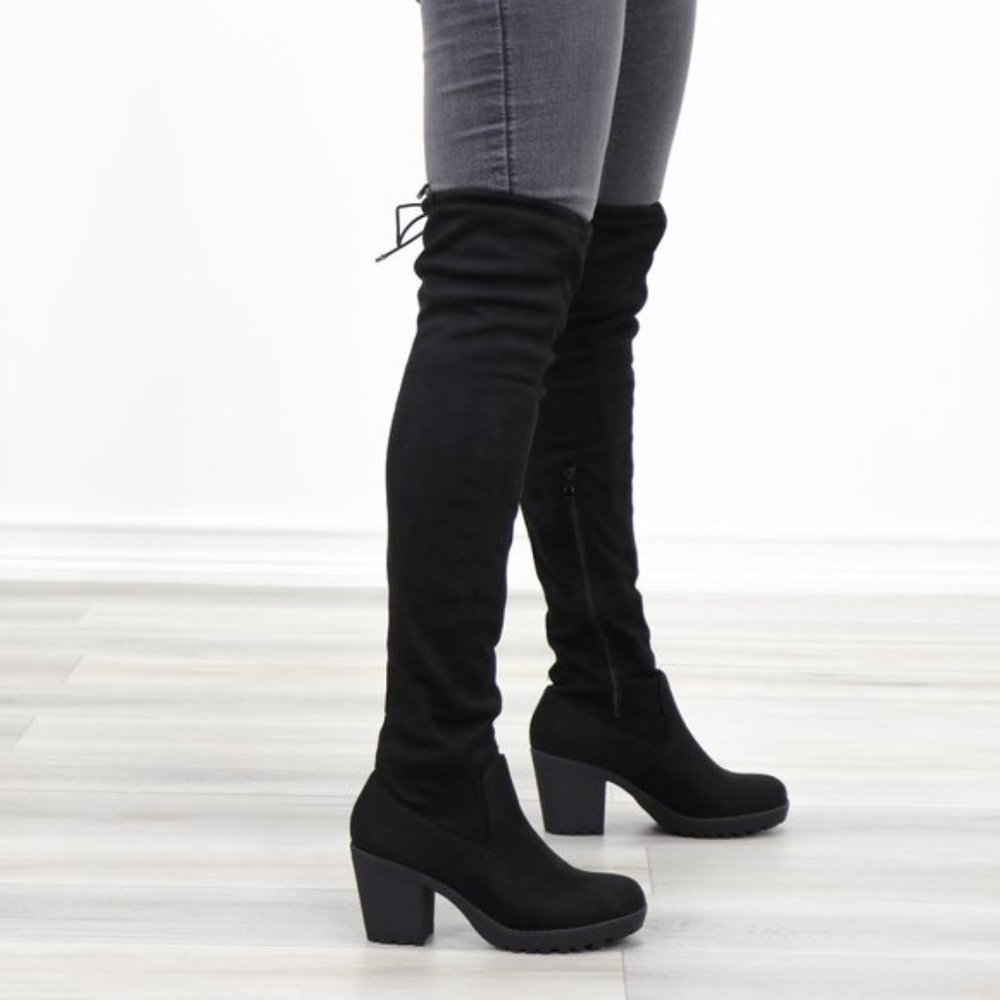 Lug Chunky Heel BlackThigh High Suede Boots - Picture 10 of 16